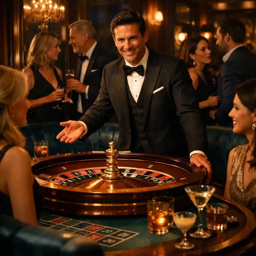 Un hôte anime une table de roulette de loisir avec des convives dans un salon élégant