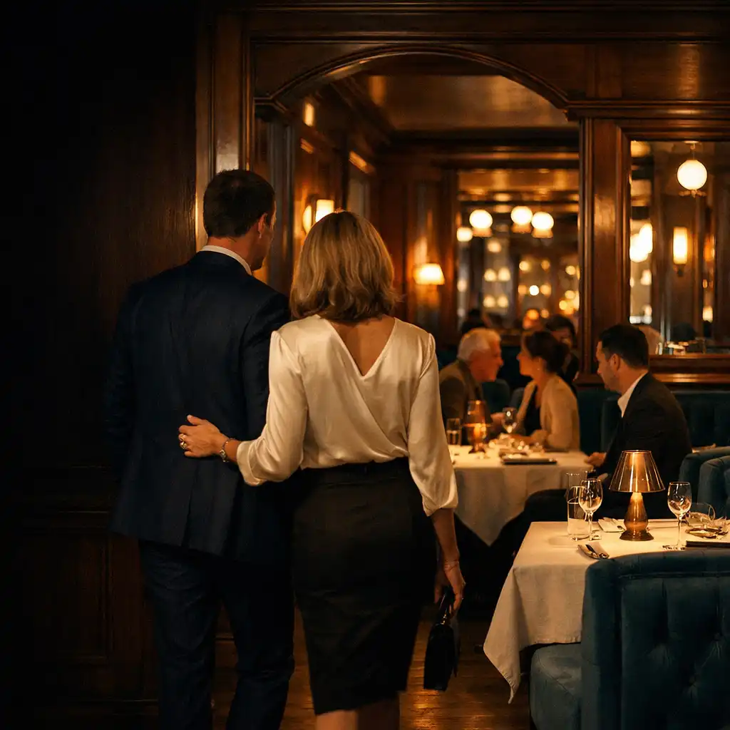 Salle de restaurant parisienne le soir, tables en lin crème, lumières cuivrées et convives en conversation