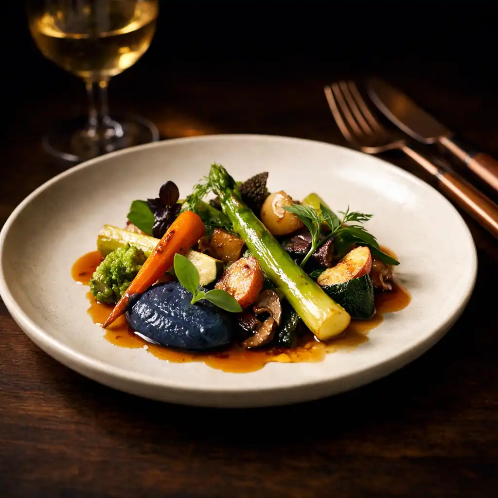 Plat français contemporain dressé sur une table de chêne sombre