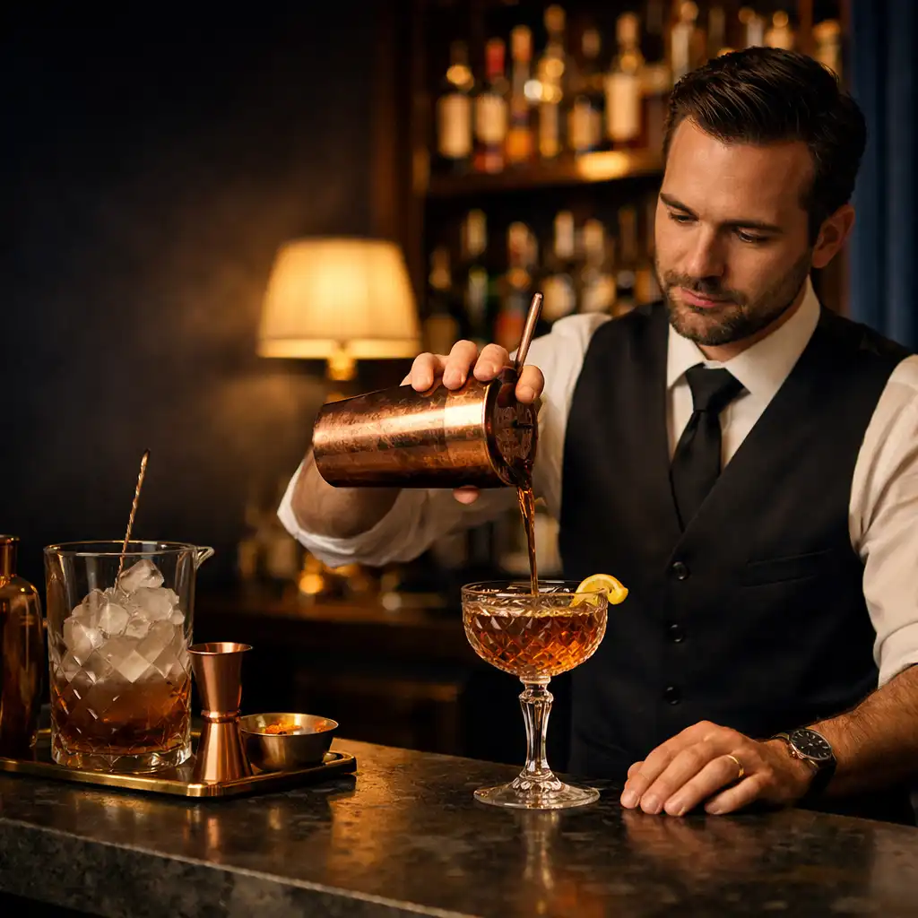 Barman préparant un cocktail derrière un comptoir de pierre sombre