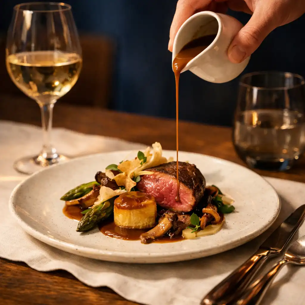 Assiette de cuisine française contemporaine servie sur une table en chêne sombre