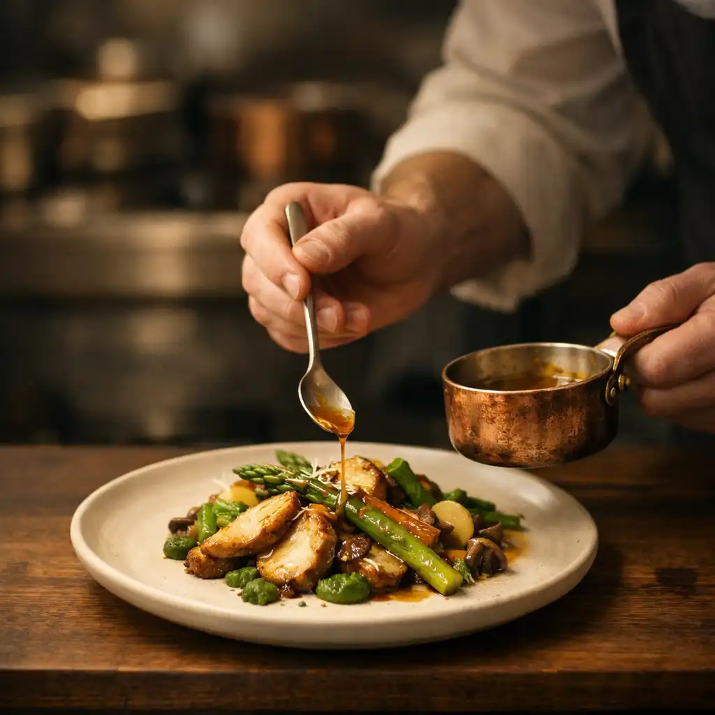 Chef finalisant une assiette de saison sur un passe en chêne sombre