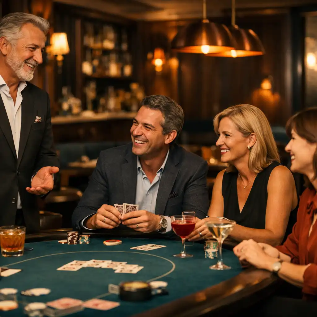 Hôte accueillant un groupe autour d’une table de poker de loisir dans un restaurant élégant