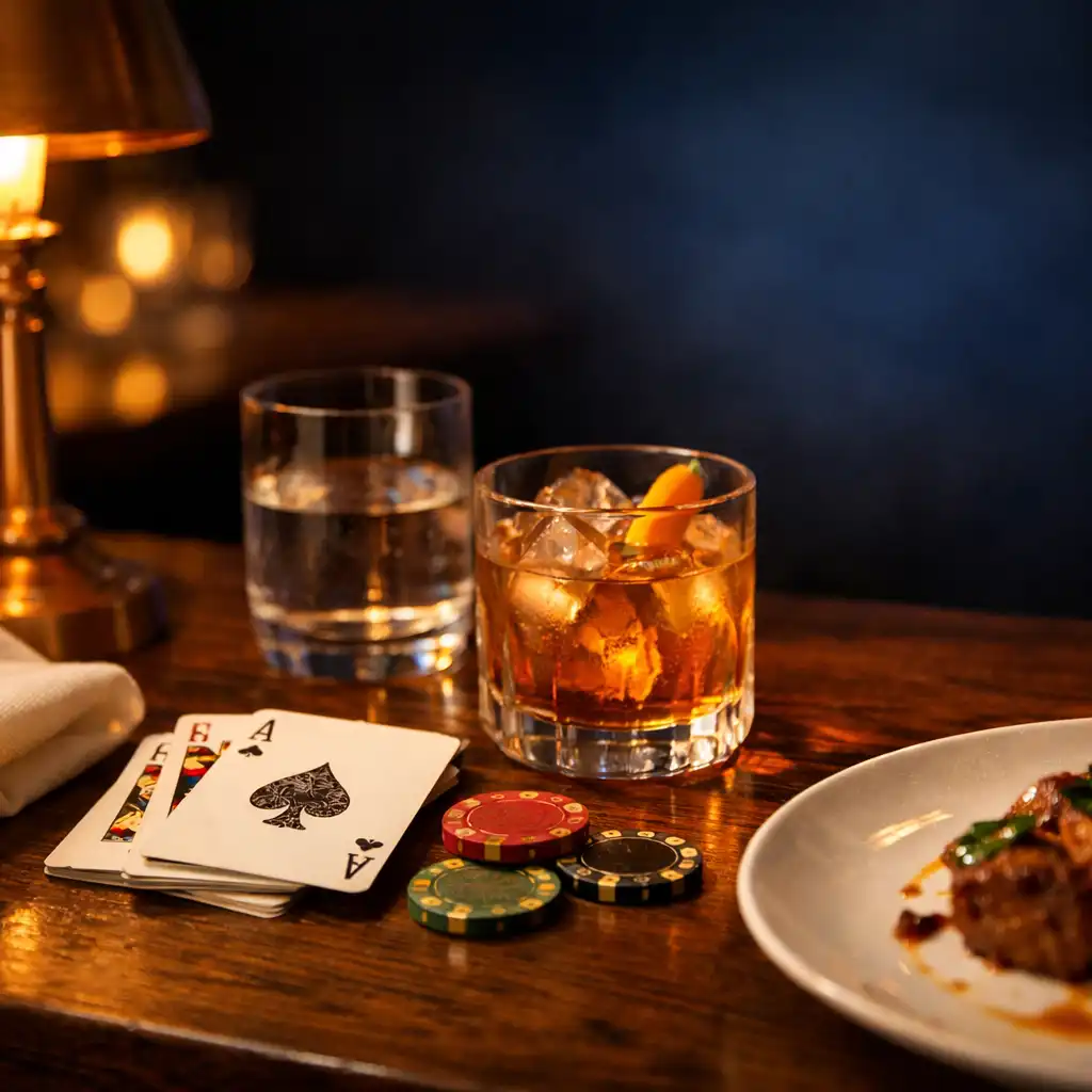 Cartes élégantes, jetons décoratifs, cocktail ambré et assiette contemporaine sur une table de chêne sombre.