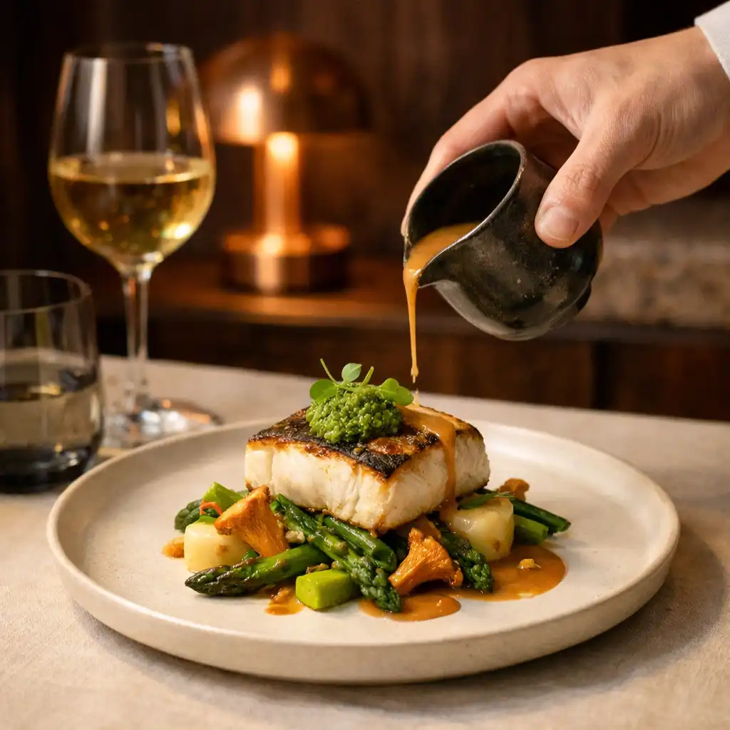 Service d’un plat de cuisine française contemporaine sur une table en lin crème
