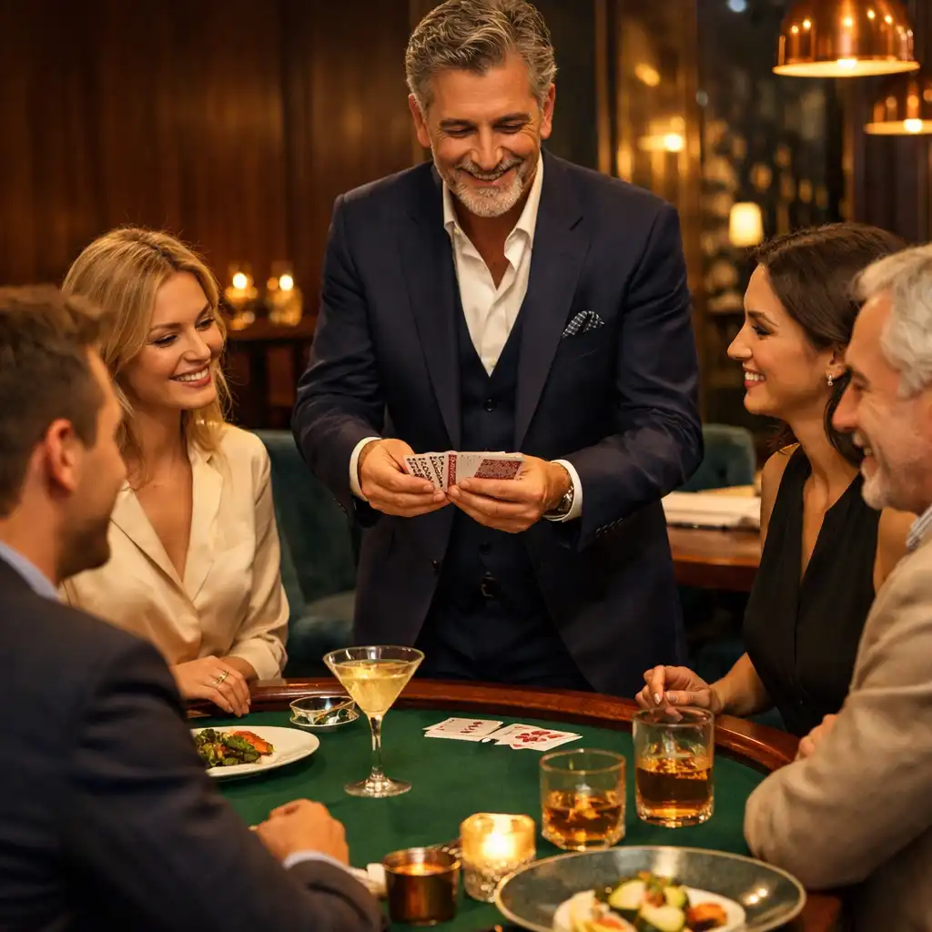 Hôte expliquant des cartes à des convives autour d’une table sociale dans un restaurant élégant.