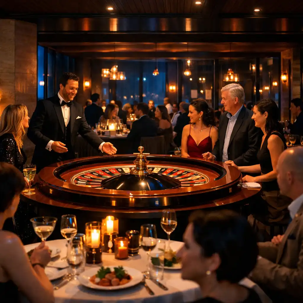 Hôte guidant des convives près d’une roue décorative dans une salle de restaurant contemporaine.