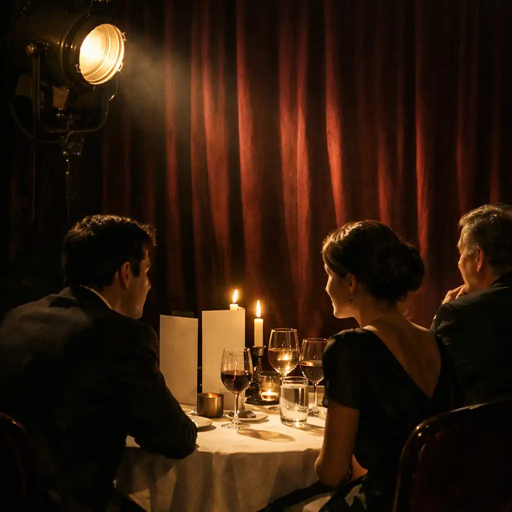 Table ronde dressée près d’un rideau de velours et d’un projecteur dans une ambiance de cinéma français.