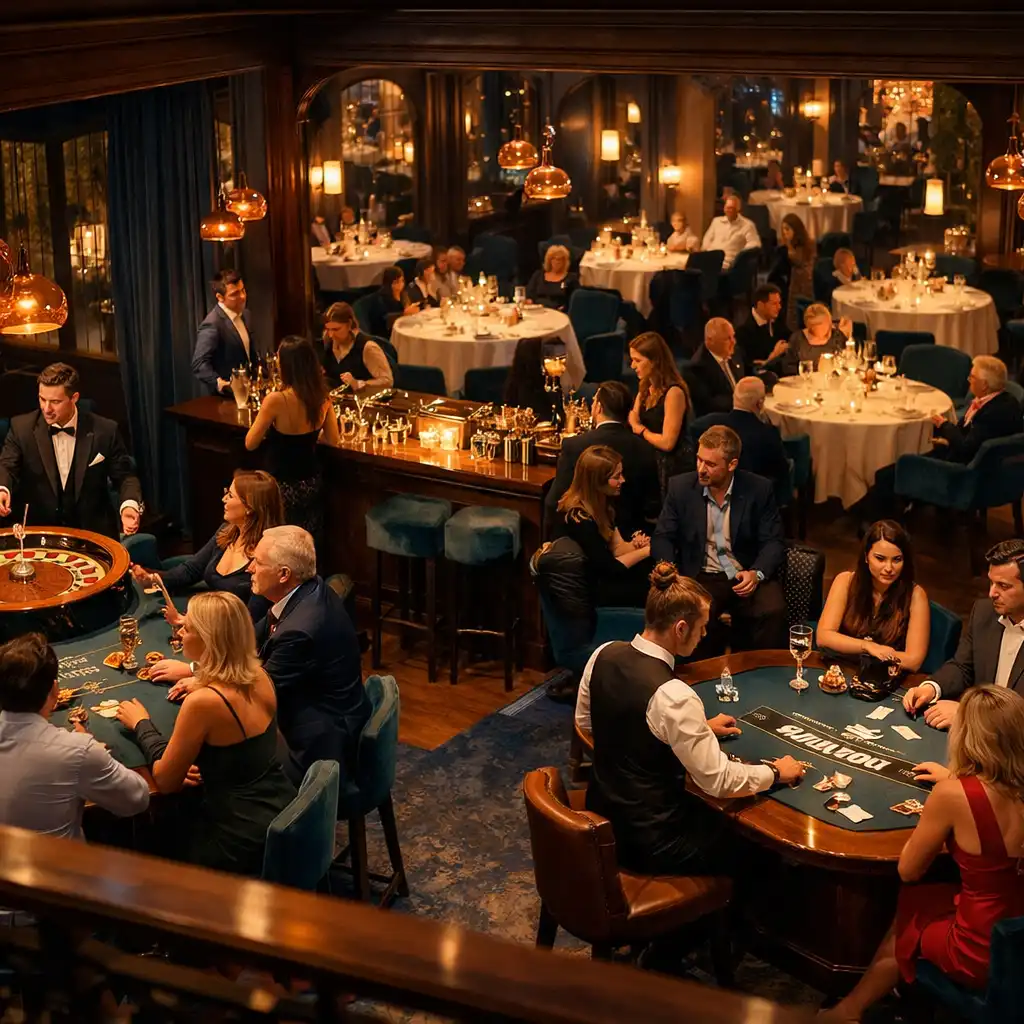 Grande réception dans un restaurant avec dîner, bar et animations sociales de loisir