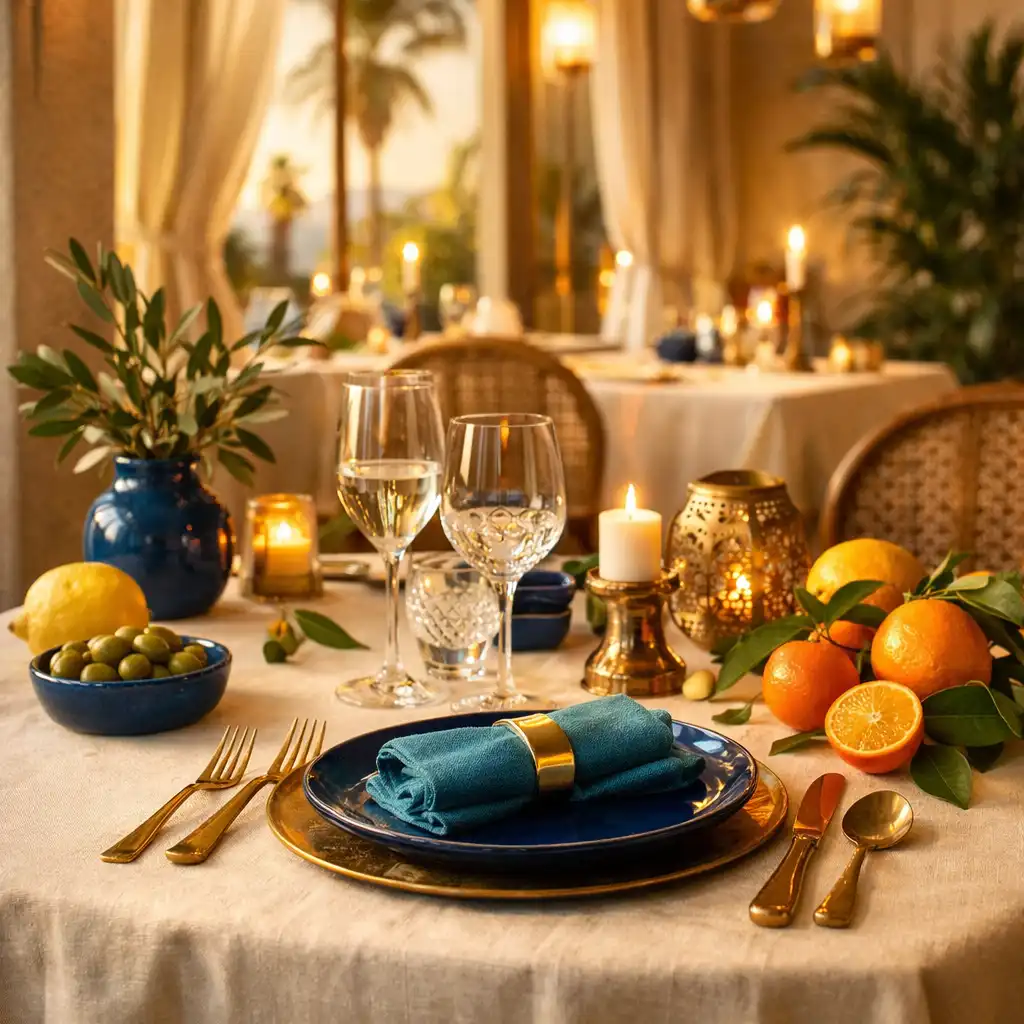 Table Riviera avec linge ivoire, agrumes, verrerie fine et céramique bleu profond.