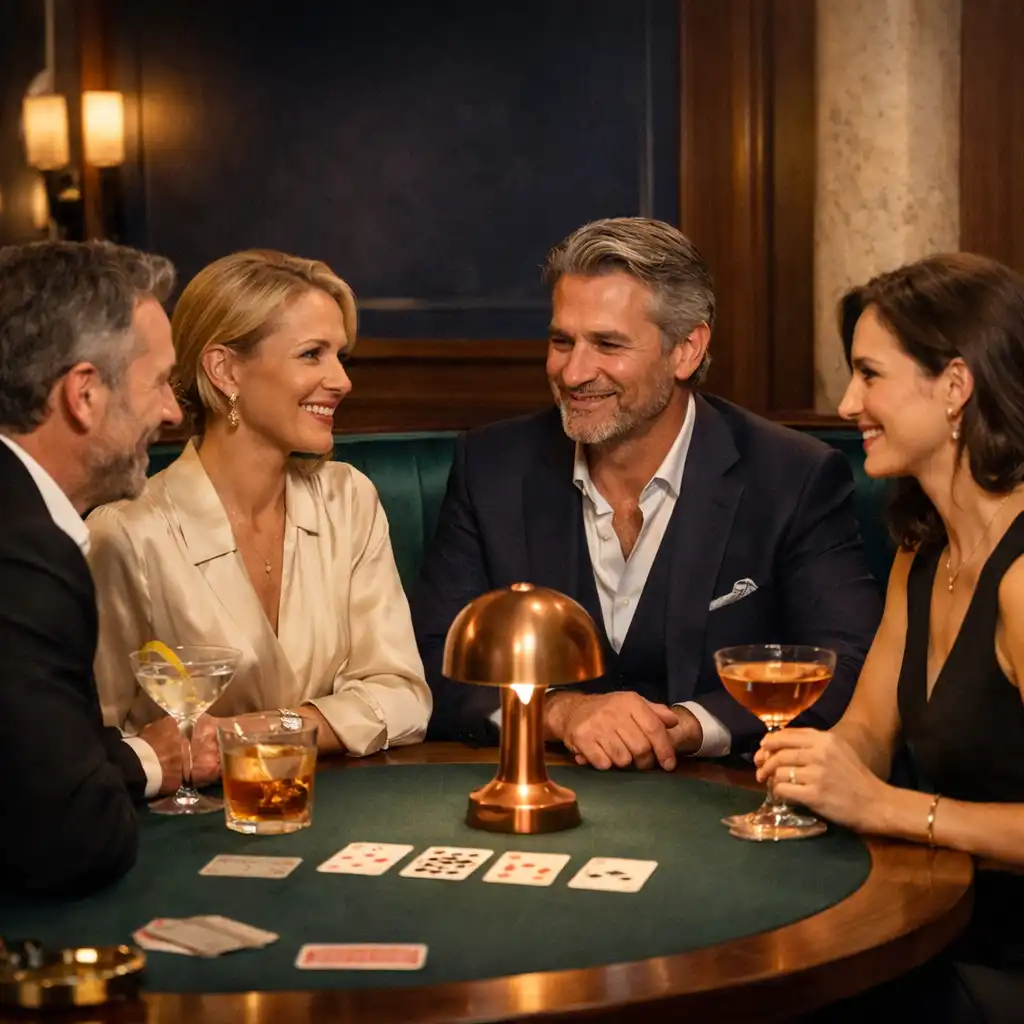 Convives réunis autour d’une table de poker de loisir dans un salon de restaurant
