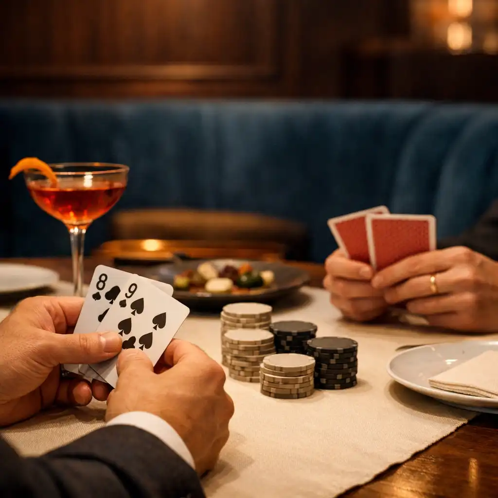 Mains de convives autour d’une table de poker raffinée, avec cartes, verre à cocktail et détails de dîner.