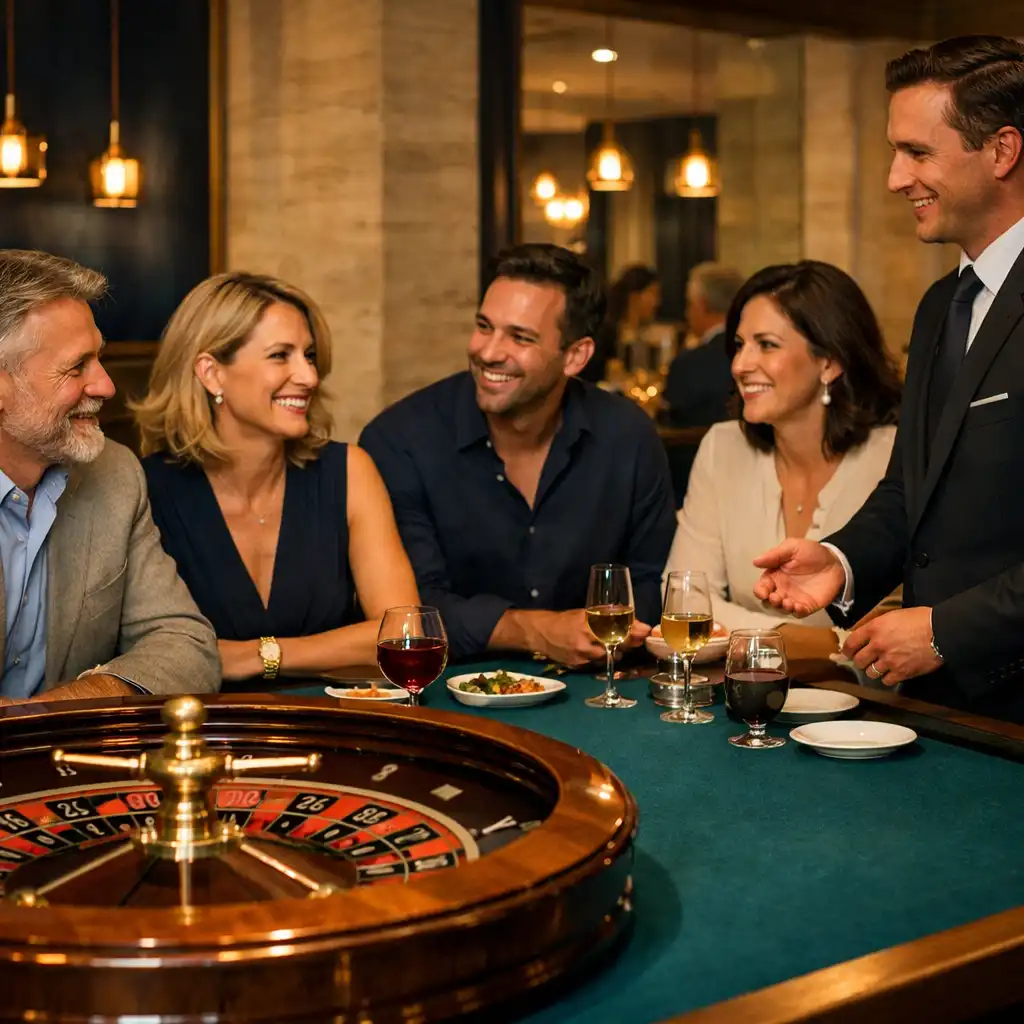 Table de roulette élégante entourée de convives dans une salle de restaurant contemporain.
