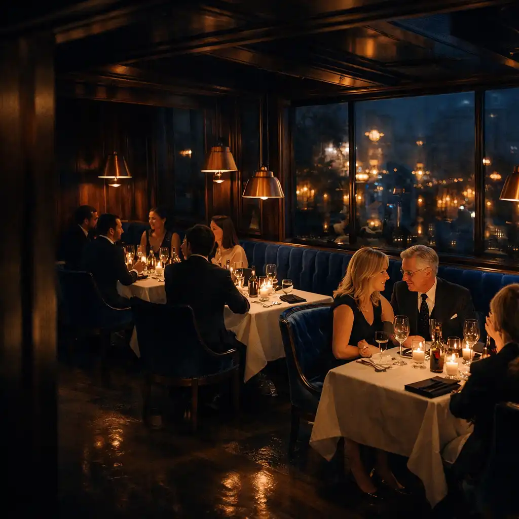 Salle de restaurant parisienne en chêne sombre, velours bleu pétrole et lumière cuivrée, avec des convives en conversation.